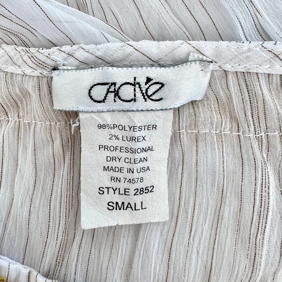 Cache White Tunic Size S Long Sleeve Gold Trim Crinkle Sheer Metallic Stripes - Picture 7 of 7